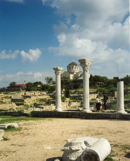 Image - The ruins of the basilica in Chersonese Taurica with a view od Saint Volodymyr's Church near Sevastopol in the Crimea.